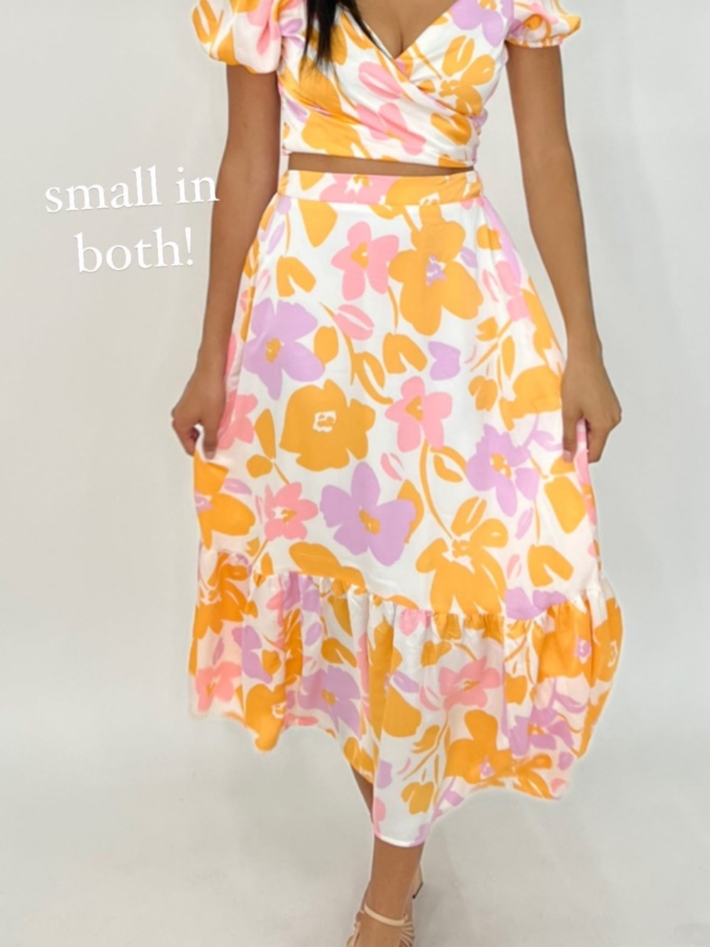 Floral Ruffle Hem Midi Skirt and Wrap Top- Pink, Orange & Lavender - Picture 6 of 8